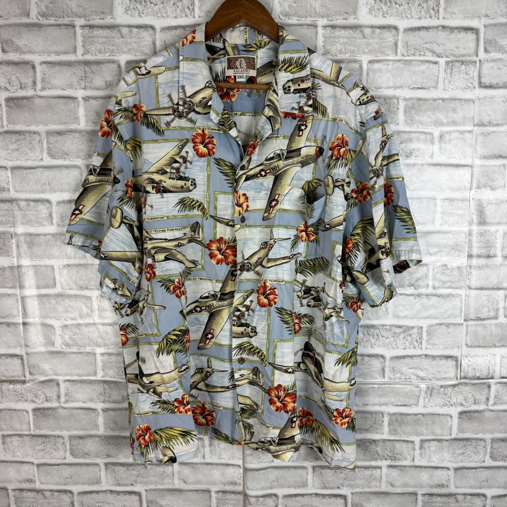 Kalaheo Hawaiian Shirt Mens 3XL Blue WWII Military Aircraft Warbird Aloha Hawaii